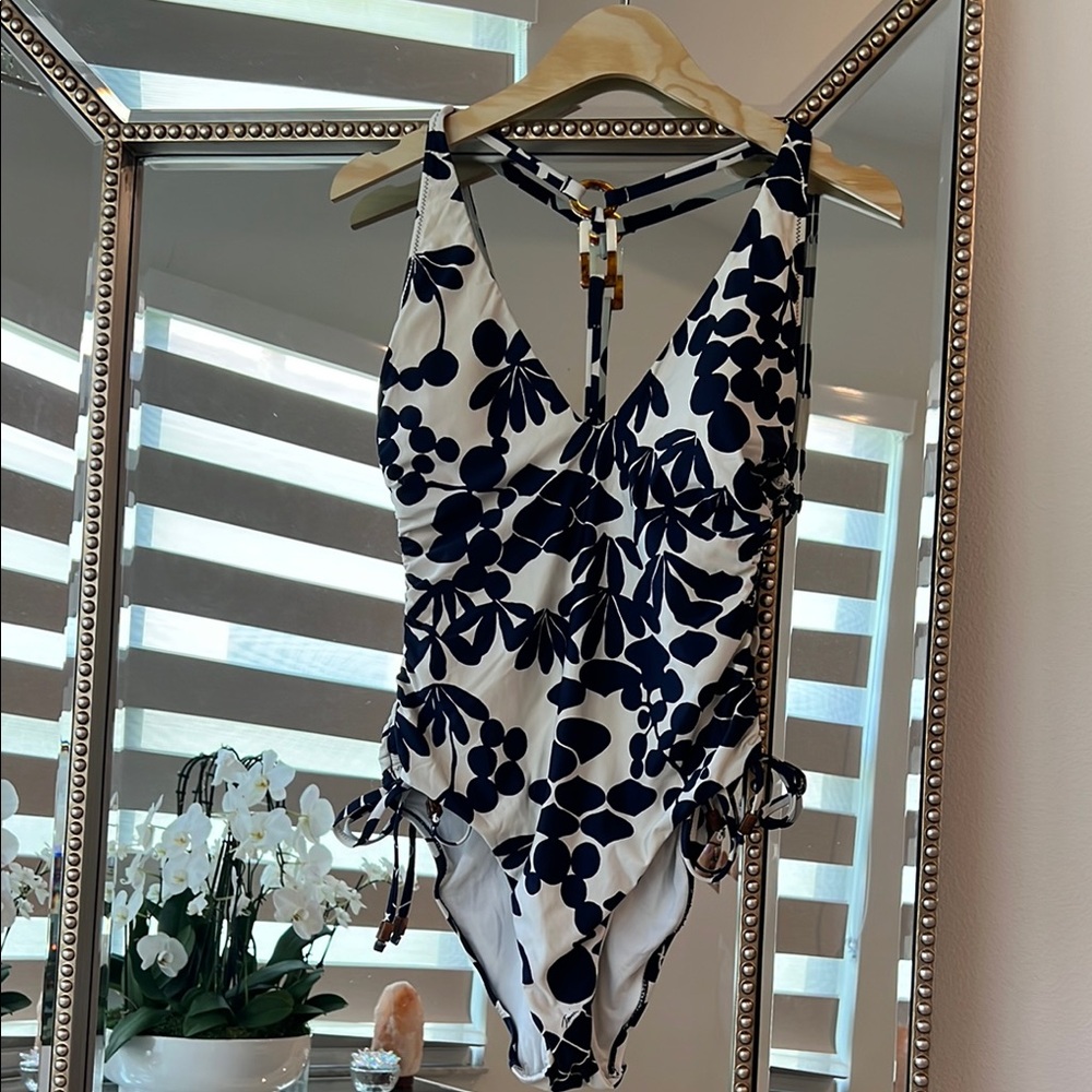 Trina Turk Blue and White One Piece with Plunging V-Neck
